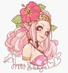  1girl animal_print armlet bandana bikini borrowed_character brown_eyes commentary cropped_shoulders english_commentary floral_print flower gyaru gyaru_makeup heart heart_in_eye hibiscus highlighter_(makeup) highres jewelry leopard_print lips long_hair looking_at_viewer manba_gyaru necklace original pink_bikini pink_flower pink_hair puri_prado simple_background smile solo swimsuit symbol_in_eye white_background white_eyeshadow 