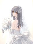  1girl alternate_costume bare_shoulders bouquet breasts bridal_veil closed_mouth commentary dress elbow_gloves english_commentary feint721 from_side glint gloves grey_hair hair_between_eyes highres holding holding_bouquet honkai:_star_rail honkai_(series) light_blush long_hair looking_to_the_side medium_breasts smile solo stelle_(honkai:_star_rail) trailblazer_(honkai:_star_rail) veil white_dress white_gloves white_veil yellow_eyes 