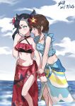  2girls :d absurdres asymmetrical_bangs averting_eyes bikini black_hair blue_sarong blue_sky blush breasts brown_eyes brown_hair choker cloud day flower gloria_(pokemon) gloria_(summer_2021)_(pokemon) green_eyes hair_flower hair_ornament hand_on_another&#039;s_waist hand_up hibiscus highres holding_another&#039;s_wrist jewelry kucheat_zg looking_at_another marnie_(pokemon) marnie_(summer_2021)_(pokemon) multiple_girls navel official_alternate_costume outdoors pendant pokemon pokemon_masters_ex red_flower red_sarong sarong sky small_breasts smile stomach swimsuit twintails undercut 