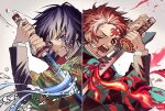  2boys black_hair blood blood_from_eyes blood_on_face blue_eyes checkered clenched_teeth earrings fire haori highres holding holding_sword holding_weapon japanese_clothes jewelry kamado_tanjirou kimetsu_no_yaiba long_sleeves male_focus multiple_boys one_eye_closed open_mouth red_hair scar scar_on_face simple_background sword teeth tomioka_giyuu twitter_username upper_body usu32 water weapon 