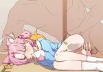  1girl anal animal_ear_fluff animal_ears blue_archive blue_shirt cat_ears cat_girl cat_tail chlorella_observation_club_member_(blue_archive) hair_bobbles hair_ornament halo highres hugging_own_tail hugging_tail kindergarten_uniform lying mountain_han on_side penis pink_hair pussy sex shirt short_hair size_difference socks spooning surprised sweat tail twitching waking_up white_socks x-ray yellow_eyes 