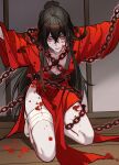  1boy absurdres bags_under_eyes bandaged_leg bandages bare_legs bdsm black_hair blood blood_on_clothes blood_on_face blood_on_leg blood_splatter bound chain chained chinese_clothes chinese_commentary collarbone dao_gui_yi_xian hair_between_eyes hair_bun hanfu highres indoors kneeling li_huowang long_hair long_sleeves looking_at_viewer male_focus moxiaobingbuxiao no_shoes on_floor outstretched_arms parted_lips red_eyes red_hanfu restrained robe sidelocks single_hair_bun socks solo teeth very_long_hair white_socks wide_sleeves wooden_floor 