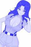  1girl adjusting_hair aoshidan_school_uniform belt black_belt black_hair blue_shirt blue_theme blush breasts cleavage closed_mouth collared_shirt dark-skinned_female dark_skin el_(girls_und_panzer) girls_und_panzer green_skirt hair_intakes hand_on_own_hip large_breasts long_hair looking_at_viewer miniskirt monochrome no_bra partially_unbuttoned pleated_skirt school_uniform shira14 shirt short_sleeves simple_background skirt smile solo standing suspender_skirt suspenders suspenders_pull unbuttoned unbuttoned_shirt white_background 