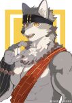  1boy abs absurdres animal_ears bara bead_necklace beads black_headband chinese_commentary commentary_request fangs furry furry_male ganlu_haishi_yaojin headband highres jewelry male_focus muscular muscular_male necklace open_mouth pectorals threefold_recital topless_male triratna_(threefold_recital) watermark weibo_watermark wolf_boy wolf_ears 