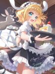  ! 1girl animal_ears apron aqua_eyes black_shoes black_skirt blonde_hair blush cake cake_slice character_name commentary cowboy_shot cup day english_text fake_animal_ears fleur_de_lapin_uniform floppy_ears food frilled_apron frilled_hairband frilled_skirt frills from_behind fruit gochuumon_wa_usagi_desu_ka? hairband happy_birthday heart highres holding holding_tray indoors kirima_syaro lolita_hairband looking_at_viewer looking_back mozukun43 open_mouth puffy_short_sleeves puffy_sleeves rabbit rabbit_ears shirt shoes short_hair short_sleeves signature skirt solo spoken_exclamation_mark strawberry strawberry_shortcake suspender_skirt suspenders thighhighs tray waist_apron waitress white_apron white_shirt white_thighhighs wild_geese window wrist_cuffs 