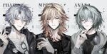  3boys absurdres anaxa_(honkai:_star_rail) bandaid bandaid_on_neck black_hoodie black_jacket black_shirt blonde_hair blue_eyes braid character_name commentary eyepatch eyewear_hang glasses green_hair grey_hair grey_hoodie hair_between_eyes hand_up hashtag-only_commentary headphones headphones_around_neck highres honkai:_star_rail honkai_(series) hood hoodie jacket long_hair long_sleeves looking_at_viewer maikang0987 male_focus mask mouth_mask multiple_boys mydei_(honkai:_star_rail) open_clothes open_hoodie parted_lips phainon_(honkai:_star_rail) portrait shirt short_hair short_sleeves single_braid unworn_eyewear white_background white_shirt yellow_eyes 