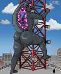 absurd_res annoyed anthro big_breasts big_butt black_eyes bodily_fluids breasts butt city city_background cityscape climbing cloud detailed_background epic_games female fortnite glowing glowing_eyes glowing_markings godzilla godzilla_(series) grey_body hi_res huge_breasts huge_butt kaiju lizard looking_back markings motion_lines multicolored_body onomatopoeia onyxmeow pink_sclera radio_tower reptile scalie shadow side_boob solo sound_effects sweat sweaty_butt text thick_thighs toho two_tone_body wide_hips