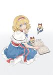  1girl absurdres alice_margatroid blonde_hair blue_dress blue_eyes blue_ribbon book capelet closed_mouth dress frilled_hairband frills hairband hand_on_own_chin highres looking_at_viewer looking_to_the_side red_hairband red_sash ribbon sash shanghai_doll shijiu_(shizuoxing) short_hair simple_background sitting smile solo touhou white_background white_capelet wrist_ribbon 