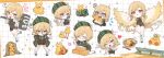  1girl @_@ absurdres arrow_(symbol) artist_name bandaid bandaid_on_leg blonde_hair bow bowtie brown_eyes card character_name chopsticks closed_eyes closed_mouth cookie eating food glasses green_bow green_bowtie green_hat green_jacket hammer harpy hat heart heart_hands highres holding holding_card holding_hammer holding_magnifying_glass jacket kamogumi_(kanna_yanagi) kanna_yanagi loading_icon long_sleeves magnifying_glass monster_girl multicolored_hair one_eye_closed open_mouth pixellink plaid_bow plaid_bowtie plaid_clothes plaid_hat plaid_jacket playing_card pointy_ears shirt smile socks streaked_hair ururuka_noy_(artist) white_hair white_shirt white_socks yellow_wings 