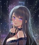  1girl absurdres bh_zhu_baihe_hua blush breasts choker cleavage earrings eyebrows_visible_through_hair heart heart-shaped_pupils highres jewelry koinoya_mai large_breasts long_hair looking_at_viewer mole propro_production purple_eyes symbol-shaped_pupils tongue tongue_out virtual_youtuber 