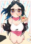  +_+ 1girl :3 black_hair black_jacket blue_eyes blue_hair breasts character_name cleavage controller eating folded_ponytail food full_body game_console game_controller glasses gradient_hair highres jacket kneeling kson large_breasts multicolored_hair pink_shorts pizza pizza_box playstation_4 playstation_controller real_life sakuramochi_(sakura_frappe) short_shorts shorts smile solo striped striped_background tank_top 