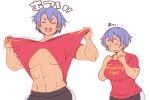  ! 1girl abs blue_hair breasts closed_eyes english_text hanzo_(2929) large_breasts multiple_views muscular muscular_female open_mouth original profanity red_shirt shirt short_hair simple_background sweat sweatdrop t-shirt torn_clothes white_background 