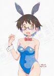  animal_ear_hairband animal_ears artist_name bare_legs black_hair blue_hair blue_leotard bow bowtie breasts cleavage colored_inner_hair commentary_request covered_navel detached_collar fake_animal_ears hairband imari_youko leotard medium_breasts multicolored_hair playboy_bunny rabbit_ears red_bow red_bowtie ruri_no_houseki sgrktr_tk4 short_hair simple_background standing strapless strapless_leotard twitter_username watermark white_background wrist_cuffs yellow_eyes 