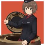  1girl absurdres artist_logo black_hat black_jacket breasts brown_eyes brown_hair closed_mouth cross dress_shirt garrison_cap girls_und_panzer hat hatch highres holding iron_cross jacket kuromorimine_military_uniform large_breasts logo military military_hat military_jacket military_uniform military_vehicle miniskirt motor_vehicle nishizumi_maho on_tank open_hatch picker53 pleated_skirt red_background red_shirt red_skirt shirt short_hair signature simple_background skirt solo tank tank_turret tiger_i two-tone_background upper_body 