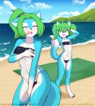 4_toes 5_fingers absurd_res anthro bangs beach beach_towel big_breasts biped blue_body blue_fur blush breasts canid canine claws cleavage clothed clothing cloud collarbone countershade_arms countershade_face countershade_feet countershade_fur countershade_legs countershade_neck countershade_tail countershade_torso countershading covering covering_breasts covering_chest covering_crotch covering_self day dialogue digital_media_(artwork) dipstick_tail duo embarrassed english_text erdfurry eyebrow_through_hair eyebrows eyes_closed feet female fingers fur gloves_(marking) green_eyes green_hair green_tongue gris_swimsuit hair hair_between_eyes hair_up hi_res horizon leg_markings leotard mammal markings meme meme_clothing mountain mountain_range multicolored_body multicolored_fur multicolored_tail navel nervous one-piece_swimsuit open_mouth pigtails ponytail raised_tail sand sea serah_(creamingserah) shore shoreline shy sibling_(lore) signature sister_(lore) sisters_(lore) sky slim small_breasts smile socks_(marking) sophie_(creamingserah) speech_bubble standing strapless_clothing strapless_leotard strapless_swimwear stretching swimwear tail tail_markings teeth text toes tongue towel translucent translucent_clothing translucent_hair translucent_swimwear twintails_(hairstyle) two_tone_body two_tone_fur under_boob url water watermark white_body white_fur