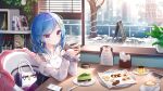  1girl bag blue_hair cake cappuccino_(drink) cellphone chalkboard_sign chinese_commentary collarbone cookie corrupted_exif_data cup eiffel_tower food fork hair_ornament handbag highres holding holding_cup hoshimiya_siro indie_virtual_youtuber kebin_no_shio_amaou looking_at_viewer manga_(object) medium_hair phone pudding purple_eyes sakura_trick sitting smartphone smile solo star_(symbol) star_hair_ornament tree virtual_youtuber window 