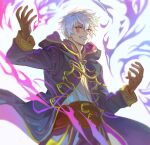  1boy absurdres black_coat brown_gloves coat english_commentary fire_emblem fire_emblem_awakening gloves grin highres hood hood_down hooded_coat looking_at_viewer male_focus male_robin_(fire_emblem) male_robin_(grima)_(fire_emblem) second-party_source shirt smile tacotako white_background white_hair white_shirt 