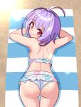  1girl ahoge antenna_hair ass ass_focus azure_striker_gunvolt azure_striker_gunvolt_1 bikini blush breasts commission cougar_(cougar1404) flower_bikini from_behind joule_(gunvolt) looking_at_viewer lying medium_hair multicolored_hair on_stomach purple_hair red_eyes sand sideboob skeb_commission small_breasts smile solo sunlight swimsuit towel two-tone_hair upper_body 