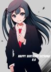  1girl adjusting_clothes adjusting_necktie bangs birthday black_eyes black_hair blazer character_name commentary_request dated english_text eyebrows_visible_through_hair formal hair_ornament happy_birthday highres jacket long_hair long_sleeves looking_at_viewer love_live! love_live!_nijigasaki_high_school_idol_club necktie one_side_up pants red_neckwear saikyo_pink_fp shiny shiny_hair sidelocks smile solo suit yuuki_setsuna_(love_live!) 