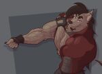 anthro arm_tuft barazoku barbell_piercing beard big_biceps big_muscles bottomwear brown_body brown_fur brown_hair canid canine canis claws clothing coyote digital_drawing_(artwork) digital_media_(artwork) ear_piercing ear_ring elbow_tuft facial_hair fingerless_gloves fist flexing fur gloves grey_bottomwear grey_clothing grey_shorts grey_topwear grey_vest hair handwear hi_res huge_muscles jacket kaioat looking_at_viewer male mammal mohawk muscle_tone muscular piercing ponytail red_clothing red_eyes red_jacket red_topwear ring_piercing rolled_up_sleeves russell_carmine shaded shorts showing_off_muscles simple_background smile smirk smug smug_grin solo tail tight_clothing topwear tuft vein veiny_arms veiny_muscles vest