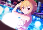  1girl ahoge bare_shoulders bikini blonde_hair blurry blurry_background commentary_request dutch_angle grin hair_flaps highres ibuki_tsubasa idolmaster idolmaster_million_live! looking_at_viewer night pink_eyes pool sanami_(sanami_t_38) short_hair smile solo swimsuit upper_body white_bikini 