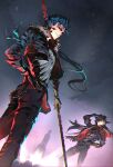  2boys absurdres amalgam4242 armband armor belt black_armor black_gloves black_hair black_hat black_jacket black_pants black_sky blue_armband blue_hair boothill_(honkai:_star_rail) brown_belt brown_gloves bullet_earrings cape closed_mouth cowboy_hat cowboy_shot cu_chulainn_(fate) cu_chulainn_(fate/stay_night) cu_chulainn_(honkai:_star_rail)_(fate) cyborg earrings english_commentary fate/stay_night fate/unlimited_blade_works fate_(series) floating_hair from_side fur-trimmed_jacket fur_trim gloves gradient_sky grey_armor grey_eyes grey_hair grey_shirt hand_on_headwear hand_on_own_hip hand_up hat hat_feather hat_ornament highres holding holding_polearm holding_weapon honkai:_star_rail honkai_(series) jacket jewelry long_hair long_sleeves looking_at_viewer low_ponytail male_focus multicolored_hair multiple_boys night night_sky open_clothes open_jacket outdoors pants pink_sky polearm ponytail prosthesis prosthetic_arm prosthetic_hand red_cape red_eyes sharp_teeth sheriff_badge shirt sky smile spear standing star_(sky) starry_sky teeth tower two-tone_armor two-tone_hair v-shaped_eyebrows weapon zipper 