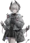  1girl absurdres arknights black_feathers black_gloves black_jacket black_shirt black_shorts cowboy_shot dark-skinned_female dark_skin double_v earrings extra_arms feather_hair feathers gloves grey_eyes grey_hair highres jacket jewelry looking_at_viewer luozhou_pile one_eye_closed open_clothes open_jacket open_mouth raidian_(arknights) shirt short_hair shorts sidelocks simple_background smile solo teeth turtleneck turtleneck_shirt upper_teeth_only v white_background 