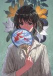  1girl black_eyes black_hair collared_shirt commentary flower hand_fan highres holding holding_fan leaf long_sleeves looking_at_viewer original plant shadow shirt short_hair solo upper_body white_flower white_shirt window1228 yellow_flower 
