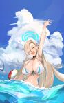  1girl absurdres alternate_costume arm_up asuna_(blue_archive) asymmetrical_bangs bikini blonde_hair blue_archive blue_sky breasts chankuro closed_eyes cloud day front-tie_bikini_top front-tie_top hair_over_one_eye highres huge_breasts long_hair navel ocean open_mouth outdoors partially_submerged sky solo swimsuit very_long_hair white_bikini 
