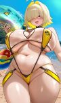  1girl :d absurdres ahoge beach bikini black_choker blonde_hair blue_sky blush breasts choker cleavage_cutout clothing_cutout curvy day elegg_(boom_and_shock)_(nikke) elegg_(nikke) goddess_of_victory:_nikke heart_cutout highres holding holding_swim_ring huge_breasts navel ocean official_alternate_costume outdoors plump purple_eyes raskasar see-through_clothes short_hair sky slingshot_swimsuit smile solo stomach suspenders swim_ring swimsuit thick_thighs thighs yellow_bikini 