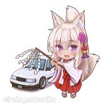  1girl :d animal_ear_fluff animal_ears bangs blush car chibi commentary_request eyebrows_visible_through_hair flower folded_ponytail fox_ears fox_girl fox_tail gohei ground_vehicle hair_between_eyes hair_flower hair_ornament hakama holding iroha_(iroha_matsurika) japanese_clothes kimono light_brown_hair long_hair long_sleeves miko motor_vehicle open_mouth original purple_eyes purple_flower red_hakama smile solo tail toyota_corolla_levin twitter_username very_long_hair white_background white_kimono wide_sleeves 