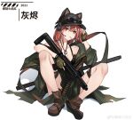  1girl 2021 absurdres animal_ears arknights ash_(rainbow_six_siege) ash_(rangers)_(rainbow_six_siege) assault_rifle bandolier baoliehuo_yanhong baseball_cap boots bra breasts bullet candy cat_ears cleavage crossover dog_tags eyewear_on_headwear fake_animal_ears fingerless_gloves food food_in_mouth gloves gun hat headphones headset highres jacket lollipop long_jacket on_floor open_clothes open_jacket rainbow_six_siege red_hair rifle solo sunglasses trigger_discipline underwear weapon weapon_request white_background 