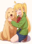  1girl animal blonde_hair bocchi_the_rock! closed_eyes dog green_jacket hair_ornament hair_scrunchie hanagamigendai highres ijichi_nijika jacket kneeling long_hair open_mouth pleated_skirt scrunchie shoes skirt smile sneakers striped_background 