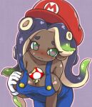  1girl bare_shoulders between_breasts bite_mark black_hair blue_overalls blush breasts cephalopod_eyes cleavage closed_mouth collarbone colored_tips commentary commentary_request cosplay cowboy_shot dark-skinned_female dark_skin denim embarrassed gloves green_hair hat highres large_breasts leaning_forward long_hair marina_(splatoon) mario mario_(cosplay) mario_(series) mole mole_under_mouth naked_overalls octarian overalls pink_pupils red_headwear sexually_suggestive shiny shiny_hair shiny_skin sideboob simple_background solo splatoon_(series) splatoon_2 strap_slip suction_cups super_mushroom sweatdrop tentacle_hair wavy_mouth white_gloves yugmlecpdduukox 