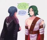  2boys absurdres artist_name beard blue_hair circlet closed_mouth english_commentary facial_hair fire_emblem fire_emblem:_three_houses green_hair hand_on_own_chin hidewari highres looking_at_another male_byleth_(fire_emblem) male_focus multiple_boys nipples seteth_(fire_emblem) speech_bubble white_background 