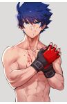  1boy abs bandaid bandaid_on_nose black_gloves blood blood_on_chest blood_on_face blue_eyes blue_hair closed_mouth eyebrows_visible_through_hair fingerless_gloves gloves grey_background highres idolmaster idolmaster_side-m looking_at_viewer male_focus muscular muscular_male navel pectorals ponzu_(beetle_burner) short_hair simple_background solo taiga_takeru upper_body 