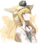  1girl animal_ears ankoro_mochi arknights black_cat blonde_hair blue_hairband blue_skirt cardigan cat closed_mouth colored_tips creature_on_head crossover fox_ears fox_girl fox_tail frilled_hairband frills green_eyes hairband heixiu highres kitsune kyuubi long_hair long_sleeves luo_xiaohei_zhanji multicolored_hair multiple_tails neck_ribbon official_alternate_costume open_cardigan open_clothes red_ribbon ribbon shirt simple_background skirt suzuran_(arknights) suzuran_(spring_praise)_(arknights) tail two-tone_hair white_background white_cardigan white_hair white_shirt 
