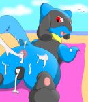 after_anal after_sex after_vaginal animal_genitalia animal_vulva anthro anus beach beach_towel black_body black_fur blue_body blue_fur bodily_fluids butt canine_genitalia canine_vulva cum cum_from_ass cum_from_vagina cum_in_ass cum_in_vagina cum_inside cum_on_butt cum_on_tail cum_string female female_anthro fur generation_4_pokemon genital_fluids genitals looking_back lying malawrist nintendo on_front pokemon pokemon_(species) red_eyes riolu solo tail towel