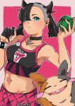  1girl aqua_eyes arm_up asymmetrical_bangs banapi0504 black_choker black_hair breasts choker collarbone dusk_ball earrings gloves hair_ribbon hand_up highres holding holding_poke_ball index_finger_raised jewelry looking_at_viewer marnie_(pokemon) midriff morpeko morpeko_(full) navel pants parted_lips poke_ball pokemon pokemon_(creature) pokemon_swsh ribbon single_glove small_breasts sports_bra stud_earrings twintails undercut 