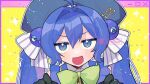 1girl :d ahoge black_gloves blue_eyes blue_hair blue_vest blush bow bowtie check_commentary collared_shirt commentary_request dot_nose fang fortissimo frilled_vest frills gloves green_bow hair_between_eyes hair_intakes hands_up happy_aura hat hat_ribbon jitome long_hair looking_at_viewer multicolored_hair musical_note musical_note_print open_mouth otomachi_una otomachi_una_(sv) outline portrait purple_hair ribbon shirt sidelocks skin_fang sleeveless smile solo sparkle star_(symbol) star_in_eye striped_ribbon symbol_in_eye takamiya_yuu tongue twintails two-tone_hair vest vocaloid watermark white_outline window_(computing) yellow_background 