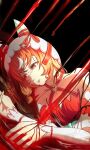  1girl 3year_etarou absurdres black_background blood blood_on_hands breasts cleavage crying crying_with_eyes_open dress ear_ribbon expressionless highres multicolored_hair off-shoulder_dress off_shoulder parted_lips pool_of_blood red_dress red_eyes red_hair red_ribbon ribbon simple_background solo still_in_love_(umamusume) streaked_hair streaming_tears tears umamusume vambraces veil watermark white_hair white_veil 