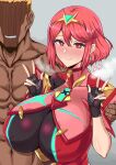  1boy 1girl absurdres black_gloves blonde_hair blush breasts cheating_(relationship) chest_jewel circlet core_crystal_(xenoblade) dark-skinned_male dark_skin double_w earrings evil_grin evil_smile faceless faceless_male fingerless_gloves gatyo_5 gloves grey_background grin heart hetero highres huge_breasts jewelry looking_at_viewer medium_hair muscular muscular_male netorare pyra_(xenoblade) red_eyes red_hair short_sleeves simple_background smile solo_focus steaming_body sweat swept_bangs upper_body w xenoblade_chronicles_(series) xenoblade_chronicles_2 
