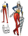  1girl backpack bag beanie black_hair blue_sleeves closed_umbrella cropped_jacket full_body getter-2 getter_robo gloves goggles hand_on_own_hip hat high_heels holding holding_pliers holding_umbrella humanization jacket long_hair long_sleeves looking_to_the_side official_art_inset open_clothes open_shirt pants pliers red_pants red_shoes reference_inset scarf shirt shoes solo standing tahra tinted_eyewear umbrella white_bag white_gloves white_hat white_jacket white_scarf yellow-tinted_eyewear yellow_shirt yellow_undershirt 