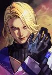  1boy adjusting_clothes adjusting_gloves black_gloves black_shirt blonde_hair brown_vest colored_lapels curtained_hair fatal_fury fatal_fury:_city_of_the_wolves flipped_bangs gloves hungry_clicker jacket kain_r_heinlein lips long_hair long_sleeves looking_at_viewer male_focus red_eyes shirt side_part smile solo swept_bangs turtleneck turtleneck_shirt upper_body v-shaped_eyebrows vest white_jacket yellow_background 