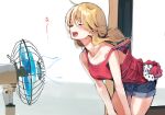  1girl bare_arms bare_shoulders blonde_hair blue_shorts blush breasts closed_eyes collarbone electric_fan fanning_self hidamari_sketch indoors lamb_(hitsujiniku) leaning_forward long_hair low_twintails miyako_(hidamari_sketch) open_mouth polka_dot polka_dot_scrunchie red_tank_top scrunchie short_shorts shorts small_breasts solo standing tank_top translated twintails white_scrunchie 