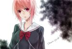  1girl black_dress bow breasts chaos;child collarbone dress dress_vest hair_between_eyes hekiho_academy hekiho_academy_school_uniform jacket long_sleeves looking_at_viewer onoe_serika pink_eyes pink_hair sailor_collar school_uniform shirt short_hair short_hair_with_long_locks sidelocks solo sygm11 upper_body white_sailor_collar 