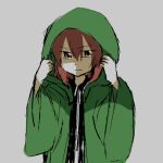  1other androgynous black_shirt green_jacket hood hood_up hooded_jacket jacket kanmukuya len&#039;en other_focus red_eyes red_hair shirt shitodo_hooaka short_hair 