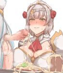  2girls armor bangs blush braid breasts censored cum cum_in_container cum_in_cup cum_on_food eyebrows_visible_through_hair flower futanari genshin_impact green_eyes hair_flower hair_ornament heart heart-shaped_pupils huge_breasts lumine_(genshin_impact) maid_headdress masso_nullbuilt mosaic_censoring multiple_girls noelle_(genshin_impact) open_mouth penis red_flower rose short_hair silver_hair simple_background smile sweat symbol-shaped_pupils testicles 
