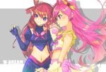  2girls blush bow breasts crop_top cure_dream dark_cure_(yes!_precure_5) dark_dream dual_persona elbow_gloves fingerless_gloves floating_hair gloves hair_behind_ear hair_rings holding_hands jj_(ssspulse) long_hair multiple_girls navel pink_bow pink_hair pointy_ears precure purple_eyes red_hair shiny shiny_hair skirt small_breasts smile yellow_skirt yes!_precure_5 yumehara_nozomi 