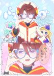  1boy 2girls :o adjusting_eyewear aqua_brooch aqua_hair aqua_hat bare_shoulders beret bespectacled bishie_sparkle black_shirt blonde_hair blue-framed_eyewear blue_background blue_eyes blue_sleeves bow bowtie braid bright_pupils brooch brown_eyes brown_hair capelet closed_mouth clothing_cutout commentary_request cure_friendy cure_lillian deerstalker dress earrings eyelashes eyes_visible_through_hair frilled_arm_warmers frilled_headwear frilled_sleeves frills glasses hair_between_eyes hairband hand_on_eyewear hand_on_own_chin hand_on_own_hip hat hat_bow hat_ornament heart heart_brooch heart_hat_ornament high_side_ponytail highres inukai_iroha jewelry layered_sleeves light_frown long_sleeves looking_at_another looking_at_viewer low_twin_braids magical_boy magical_girl male_focus mini_hat mini_top_hat multiple_girls nekoyashiki_mayu opaque_glasses open_mouth orange_sailor_collar pink-tinted_eyewear pink_background pink_bow pink_bowtie precure purple_brooch purple_capelet purple_eyes purple_hairband purple_hat robe round_eyewear sailor_collar sequential serizawa_serizane shirt short_hair short_sleeves shoulder_cutout single_stripe smile sparkle speech_bubble sphere_earrings straight-on striped_bow striped_bowtie striped_clothes striped_sleeves sunglasses tareme tinted_eyewear top_hat toyama_satoru translation_request turtleneck turtleneck_shirt twin_braids twitter_username two-tone_background v-shaped_eyebrows watermark white_arm_warmers white_bow white_bowtie white_dress white_hat white_robe wonderful_precure! yellow_pupils 
